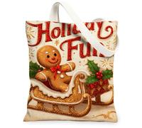 Holiday Gingerbread Canvas Tote Bags, Winter Design Reusable Grocery Bags, Lightweight Washable Shoulder Strap Canvas for Travel Picnic 13x15 Inch