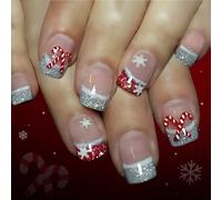 Holiday Glittering Press On Nails Short French Styles Snowflake Cane Pattern ABS For Festive Event Snowflake Candy Cane French Manicure