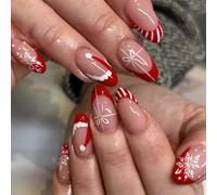 Holiday Glitters Press On Nails 24Pcs Red Striped Snowflake Art Design Artificial Nails For Festive Occasions French Glitters Nail