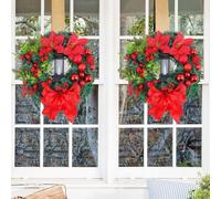 Holiday LED Lighted Christmas Wreath with Red Bow for Door and Window Decoration Featuring Long Lasting Plastic and Wire Frame Design (D-40cm)