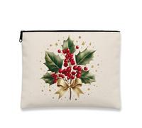 Holiday Makeup Bag, Christmas Holly Berry Cosmetic Travel Pouch for Women, Portable Small Canvas Zipper Organizer, Seasonal Skincare Toiletry Bag, Cream, 7x9 Inch, Holly
