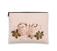 Holiday Makeup Bag, Cute Hot Cocoa Pattern Cosmetic Travel Pouch for Women, Portable Small Canvas Zipper Organizer, Winter Skincare Toiletry Bag, Peach, 7x9 Inch, Holly