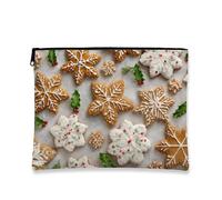 Holiday Makeup Bag, Gingerbread Biscuit Festive Cosmetic Travel Pouch for Women, Portable Small Canvas Zipper Organizer, Christmas Skincare Toiletry Bag, White, 7x9 Inch, Biscuit