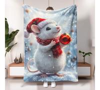 Holiday Mouse Blanket, White Cute Cartoon Mouse Design Throw Blanket, Cozy Soft Plush Fleece for Sofa, Camping, Travel, Winter Christmas Season 60x80 Inch