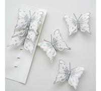 Holiday Ornaments Set with Artificial Butterfly Flowers, 6 Pieces for Christmas Trees, Wreaths, Mantels, and DIY Decorations (Silver)
