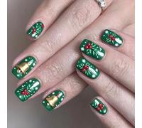 Holiday Party Artificial Nails 24PCS Christmas Snowflake Green Bells Design ABS Quick Wear Christmas Press On Nail Green Snowflake Cherries Design