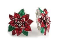 Holiday Poinsettia Blossom Red/Green Enamel Stud Clip On Earrings in Silver Tone - 28mm Tall
