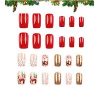 Holiday Press On Nails,Self-Adhesive Backing Manicure with Snowflake Reindeer Patterns - Long Lasting Fake Nails - for Girls Women Daily Office Home Event Carnival Salon Party