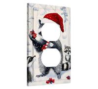 Holiday Raccoon Light Switch Cover Plate, Red Santa Hat Festive Decor for Winter, Thermoplastic Wall Plates, Standard Size Single Duplex Outlet