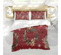 Holiday Red Duvet Cover Set Christmas Wreath Pattern Bedding Set 3 Pieces with Zipper 4 Ties 2 Pillowcases All Season Home Decor Double