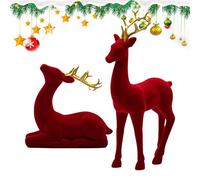 Holiday Reindeer Statues - 2-Piece Flocking Elk Decoration Set, Red andGreen Deer Ornaments | Charming Standing andSitting Figurines For Christmas Home Display, Nursery, Living Room, Kitchen, andHo