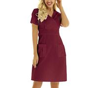 Holiday Scrub Dress for Women V Neck Short Sleeve Working Uniform Solid Color Summer Nurse Scrubs with Pocket Workwear Scrubs for Women Tops Red