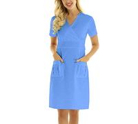Holiday Scrub Dress for Women V Neck Short Sleeve Working Uniform Solid Color Summer Nurse Scrubs with Pocket Workwear Scrubs for Women Tops Navy