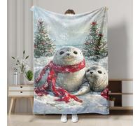 Holiday Seal Blanket, Cute Seal & Snowy Scene Decor Throw Blanket, Soft Plush Fleece for Sofa, Camping, Travel, All Season Use 60x80 Inch