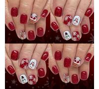 Holiday Short Square 48Pcs Red Glitters Snowman Design ABS Glossy Party Nails Christmas Red Glitters Press On Nail Snowman Snowflake Design