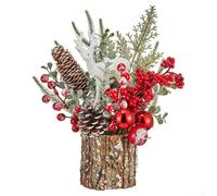 Holiday Small Table Christmas Tree Featuring Pine Cones and Berry Decorations with Stable Wooden Base for Various Indoor and Outdoor Settings (A)