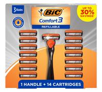 Holiday Special: BIC Comfort 3 Refillable Men's Razor Set, 3 Blade Razors with Enhanced Lubricating Strip, 1 Handle and 14 Cartridges, 15-Piece Giftbo