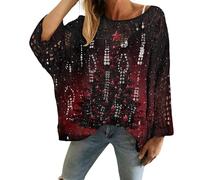 Holiday Sweaters for Women, Christmas Jumpers for Women, Winter Holiday Cute Xmas Tree Snowflake Print Pullover Crochet Top Loose Fit Long Sleeve Sweaters Women's Fashion Outfits (Wine-a, XXL)