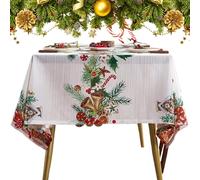 Holiday Table Cover, Christmas Square Tablecloth, Farmhouse Table Cover, Holiday Picnic Tablecloth, Square Farmhouse Christmas Tablecloth With Christmas Bells For Holiday Dinner And Picnic Decor