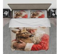 Holiday Theme Duvet Cover Set Santa and Reindeer Print Bedding Set 3 Pieces with Zipper 4 Ties 2 Pillowcases Christmas Bedroom Decor 180x200 cm