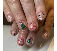 Holiday Themed Press On Nails Set 24Pcs Featuring Snowman And Snowflake Designs Stick On For Women’s Manicure Cane With Christmas Tree