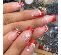 Holiday Themed Square Striped Press On Nails False Nails With Snowflake Christmas Artificial Stick On Nails