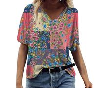 Holiday Tops for Women Flare Sleeve Blouse Gifts for Mum Cocktail Women's T Shirt Casual Tee Summer V Neck Short Sleeve Fashion Printed Tops Women's Blouse Sale Clearance Items
