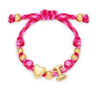 HolidayQbee Fashion Pink Braided Bracelet With Gold Bubble Initial I And Heart Charm, Adjustable Slider Rope Bracelet For Women Teen Girls, Trendy Personalised Daily Wear Friendship Bracelet
