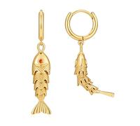 HolidayQbee Gold Fish Hoop Earrings For Women, Articulated Koi Carp Charm Drop, Gold-Tone Statement Jewellery With Red Crystal Eye, Gift For Her