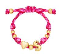 HolidayQbee Initial S Bracelet For Women Girls, Gold Heart Charm Pink Braided Adjustable Rope Bracelet, Personalised Bubble Alphabet Bracelet For Birthday Daily Wear Gift