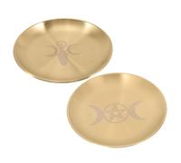HOLIDYOYO Pentacle Altar Candleholder Tray Metal Ritual Candle Plate Set of 2 with Triple Moon Goddess Design for Witchcraft Ceremony Home Décor Accessories