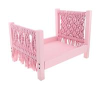 HOLIDYOYO Photoshoot Mini Wooden Bed Prop with Pink Macrame Headboard, Newborn Studio Posing Bed for Photography, Retro Bohemian Newborn Photo Studio Accessory