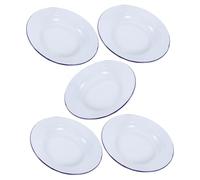 HOLIDYOYO Retro Enamel Snack Plates 16cm Round White with Blue Rim, Decorative Food Serving Dishes for Home Dining and Hot Pot, 5pcs Set
