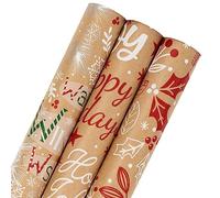 Holijolly Christmas Kraft Wrapping Paper - Mini Roll - Snowflake/Berry Leaves/ "Happy Holidays" Lettering for Gift Wrap, Arts Crafts - 43.2cm x 305cm - 3 Rolls (42.5 sq.ft.ttl.)