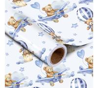 Holijolly Gift Wrapping Paper Roll - Mini Roll - Blue Teddy Bear Hot Air Balloon Design for Baby Boy Birthday, Baby Shower - 17 inches x 32.8 Feet (46.45 sq.ft.)
