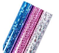 Holijolly Holographic Foil Wrapping Paper - Pink/Blue/Silver Rainbow Colors with Hearts for Valentine's, Wedding, Birthday - 3 Rolls(43x305cm Per Roll)