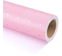 Holijolly Reversible Valentine's Day Wrapping Paper - Mini Roll - 43 CM×10 M - Pink with Gold Foil Love Heart Design for Wedding, Anniversary, Birthday, Holiday, Party