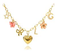 HOLINSE Initial Charm Necklace for Women, Heart Letter Necklace Gold Charms Pendant Bow Pink Butterfly Flower Star Moon Charms Necklaces Choker Necklace for Gifts, Gold Plated, Cubic Zirconia