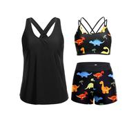 Holipick 3 Piece Tankini Swimsuits for Women Tummy Control Bathing Suits Swim Tank Top with Bra Boy Shorts Teen Swimwear, Black Dinosaur, XXL