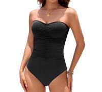 Holipick Ladies Women Strapless One Piece Swimsuits Tummy Control Bandeau Bathing Suits Slimming Ruched Swimwear, Black, Medium