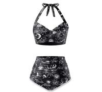 Holipick Women High Waisted Bikini Set Two Piece Swimsuit Tummy Control Bathing Suit Vintage Halter Swimwear, Black Sun Moon, XXL