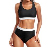 Holipick Women High Waisted Two Piece Bikini Sports Crop Top Swimsuit Scoop Neck Bathing Suit for Teen Girls with Bottom, Black&white, S