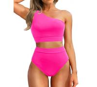 Holipick Women One Shoulder Bikini High Waisted Two Piece Swimsuits Full Coverage Bathing Suit, Hot Pink, Medium