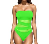 Holipick Women Strapless Bandeau One Piece Swimsuits Sexy Mesh Cutout Bathing Suits Tummy Control Swimwear, Neon Green, Large