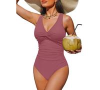 Holipick Women Tummy Control One Piece Swimsuit - Push Up Bathing Suit Full Coverage Slimming Swimwear, Blush Red, Medium