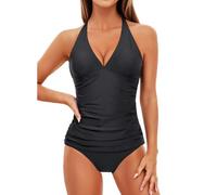 Holipick Women Two Piece Swimsuit Sexy Deep V Neck Halter Ruched Tummy Control Tankini Sets - Black - XX-Large