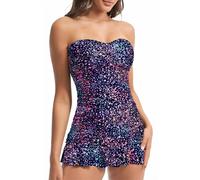 Holipick Women's Tummy Control One Piece Swim Dress Strapless Swimsuit Bandeau Skirted Bathing Suits, Star Whole Sky, Medium