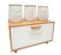Holisttech Bamboo Bread Bin with 3 Iron Storage Jars - Kitchen Storage Set with "Sugar", "Tea", "Coffee" Lettering - Vintage Design - Bread Box with Lid for Bread, Coffee & Spices