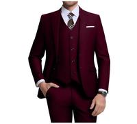 Holivyer Men's 3 Piece Slim Fit Suit Set, Two Button Blazer Solid Jacket Vest Pants Wedding Business Suit, Burgundy, Medium