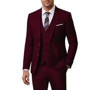 Holivyer Men's 3 Piece Slim Fit Suit Set, Two Button Blazer Solid Jacket Vest Pants Wedding Business Suit, Burgundy, X-Small